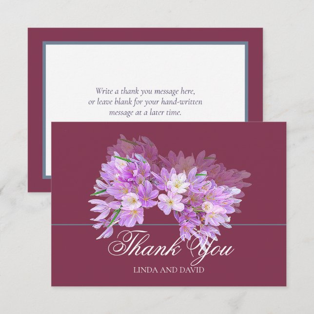 Chic Modern Purple Crocus Bridal Shower Thank You Tack Kort (Fram/baksida)