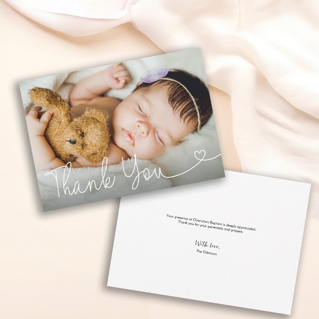 Chic Modern Religiösa Anpassade Baptism Photo Tack Kort (Customizable baby photo thank you heart script baptism card.)
