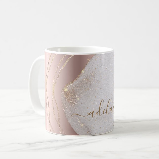 Chic Modern Ro Glitter Monogram-skript Namn Kaffemugg (Framsida vänster)