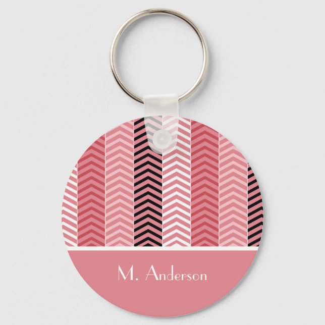 Chic Modern Rosa Chevron Rand med Namn Nyckelring (Framsida)