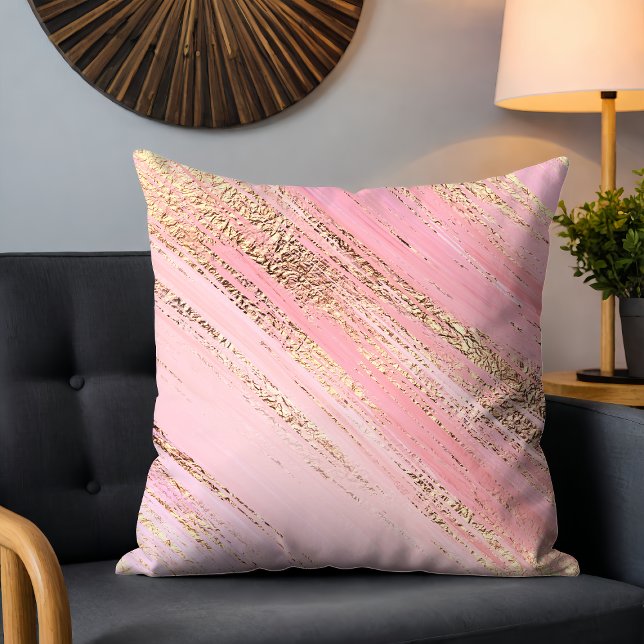 Chic Modern Rosa Glitter Guld Abstrakt Brushstroke Kudde (Skapare uppladdad)