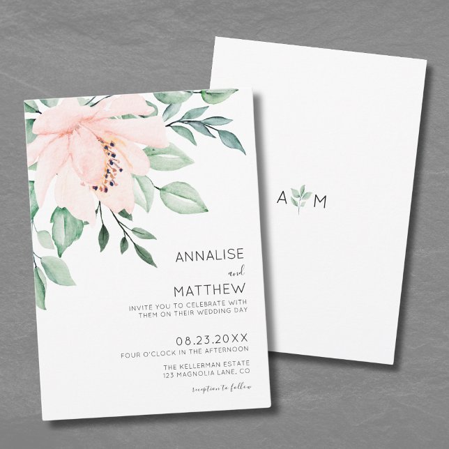 Chic Modern  Rosa Watercolor Blommigt Bröllop Inbjudningar (Chic Modern Blush Pink Watercolor Floral Wedding Invitation)