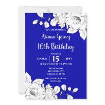 Chic Modern Royal Blue White Blommigt 16:e födelse