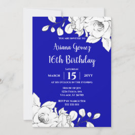 Chic Modern Royal Blue White Blommigt 16:e födelse Inbjudningar