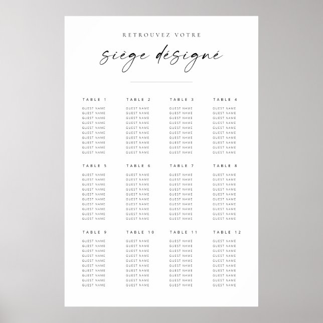 Chic Modern Script Bröllop-sittdiagram | FRANSK Poster (Framsidan)