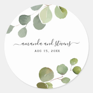 Chic Modern Script Eucalyptus Bröllop-etikett Runt Klistermärke