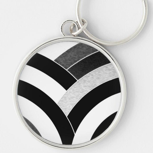 chic modern svart/vit kröd chevron rund silverfärgad nyckelring (Framsidan)