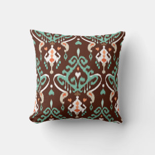 Chic modern turkos brun ikat-stammen mönster kudde
