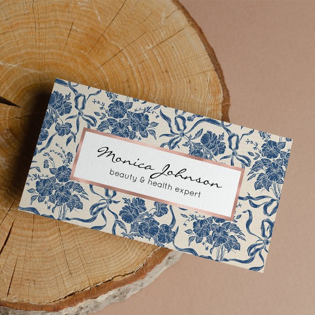 Chic Modern Vintage Ivory Navy Blue Blommönster Visitkort (Chic Modern Vintage Ivory Navy Blue Floral Pattern )