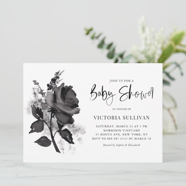 Chic Modern Watercolor Black Ro Baby Shower Inbjudningar (Stående Fram)