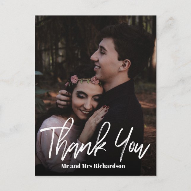 Chic ModernHand Lettered Bröllop TACK vit Vykort (Framsida)