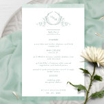 Chic Monogram Blek Grönt Vattenfärg Bröllop Meny<br><div class="desc">Välkomna gästerna till bord med den här elegantens monogrammade bröllop-meny, med ett utsökt hand plockade leafy monogram med par initialer och blek grönt vattenfärgen gräns rand. Baksida med vackra vattenfärger tvättar i en mängd olika ljust grönt blekar, gröntar och mint. En del av vår "Blek Grönt Watercolor Botanical Monogram Bröllop"-samling...</div>