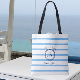 Chic Monogram Blue and White Stripe Beach Life Tygkasse
