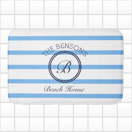 Chic Monogram Blue Rand Family Namn Beach House Badrumsmatta