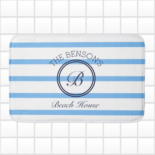 Chic Monogram Blue Rand Family Namn Beach House Badrumsmatta