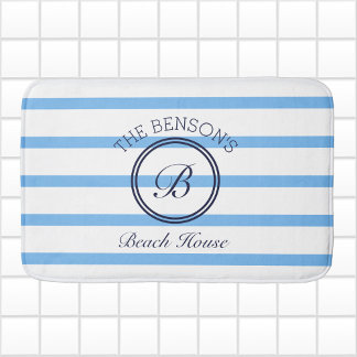 Chic Monogram Blue Rand Family Namn Beach House Badrumsmatta