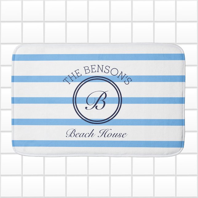 Chic Monogram Blue Rand Family Namn Beach House Badrumsmatta (Skapare uppladdad)