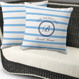 Chic Monogram Blue Rand Family Namn Beach House Kudde