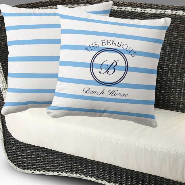 Chic Monogram Blue Rand Family Namn Beach House Kudde (Skapare uppladdad)