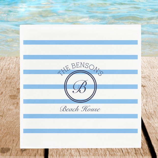Chic Monogram Blue Rand Family Namn Beach House Pappersservett (Skapare uppladdad)