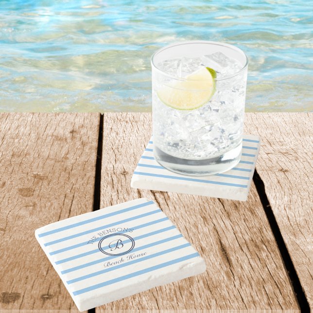 Chic Monogram Blue Rand Family Namn Beach House Stenunderlägg (Skapare uppladdad)
