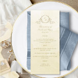 Chic Monogram Bröllop Champagne Cream Watercolor Meny<br><div class="desc">Beundra dina gäster med den vackra champagne- och krämvattenfärgen bröllop-menyn, med ett elegant handritat botaniskt monogram med par initialer, över en exquisit vattenfärg tvättar bakgrunden i en vacker blandning av champagne, elfenben, smörkräm och guldfärgade nyanser. Utforma med information om kalligrafi. Det är enkelt att fylla i mallen med information och...</div>