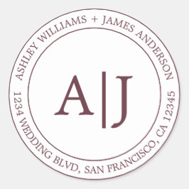 Chic Monogram Bröllop Returadress Burgundy Runt Klistermärke