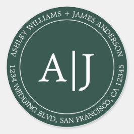 Chic Monogram Bröllop Returadress Mörk grönt Runt Klistermärke