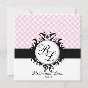 Chic Monogram Bröllopsinbjudan Rosa Polka dots Inbjudningar