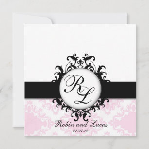 Chic Monogram Bröllopsinbjudan Vit Rosa Damask Inbjudningar