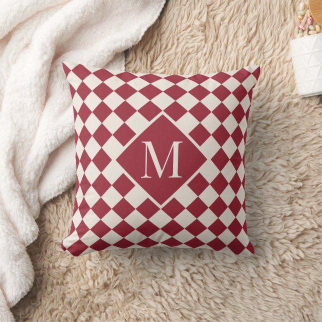 Chic Monogram Burgundy Red Cream Checkered Mönster Kudde (Filt)