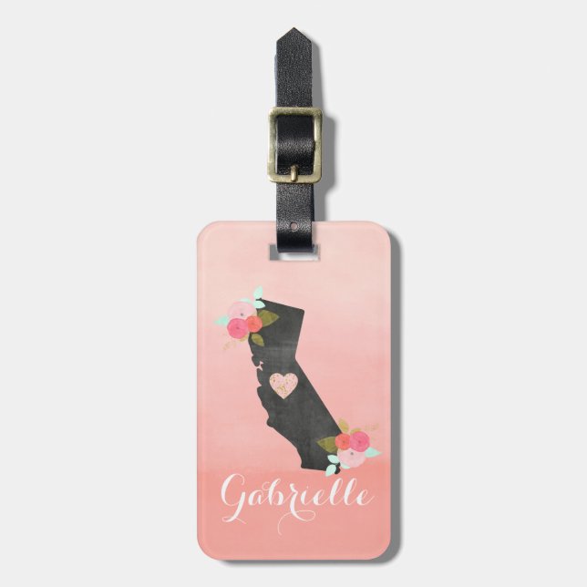 Chic Monogram California State & Movable Heart Bagagebricka (Vertikal Framsida)