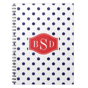 Chic monogram för blått- och vitpolka dotsmönster anteckningsbok med spiral