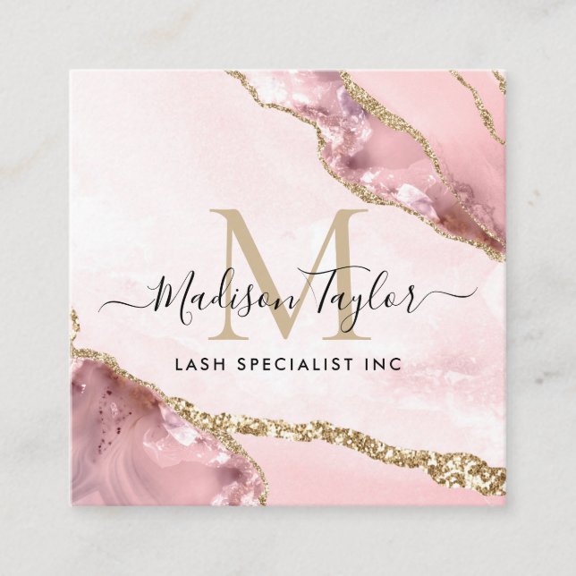Chic Monogram för marble-agate vid  Rosa Guld Glit Fyrkantigt Visitkort (Framsida)