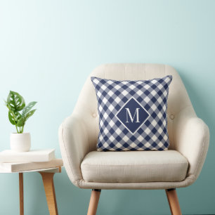 Chic Monogram för marinvit Gingham Check Mönster Kudde