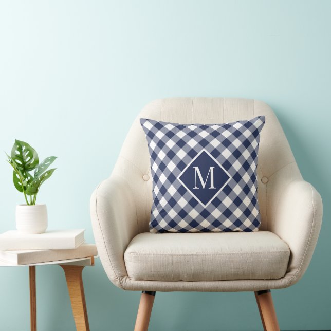 Chic Monogram för marinvit Gingham Check Mönster Kudde (Stol)
