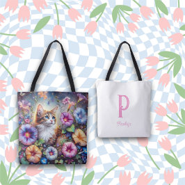Chic Monogram för vismisk Blomsterträdgård av katt Tygkasse