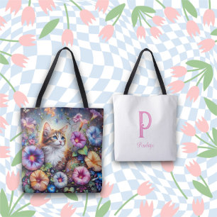 Chic Monogram för vismisk Blomsterträdgård av katt Tygkasse