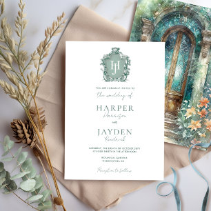 Chic Monogram Grönt, Blue Teal Watercolor Bröllop Inbjudningar