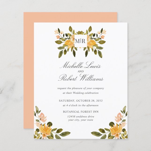 Chic Monogram Gult Grönt blommigt Bröllop (Fram/baksida)