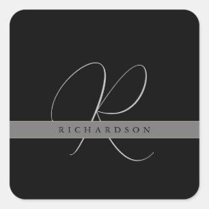 Chic Monogram Initial Namn Charcol Grått Black Fyrkantigt Klistermärke