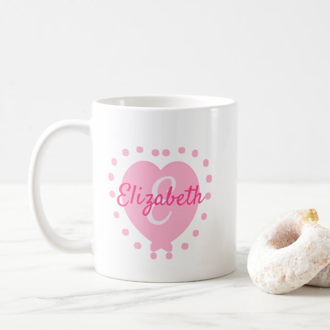 Chic Monogram Initial och Namn Rosa Heart Kaffemugg (Med munk)