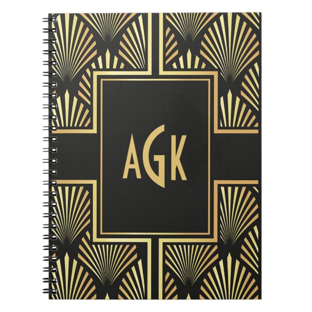 Chic Monogram Initialer Black and Guld Art Deco Anteckningsbok (Framsidan)
