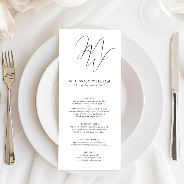Chic Monogram Initialer Black White Bröllop Meny (Elegant Double Initial Monogram Wedding Menu in Black & White View the full Wedding Invitation Suite)