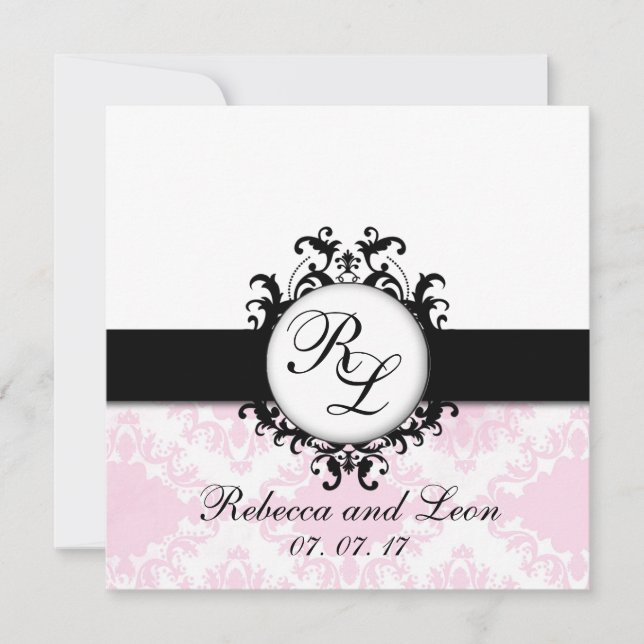 Chic Monogram Initialer Rosa Damask Wedding Inbjud Inbjudningar (Framsida)