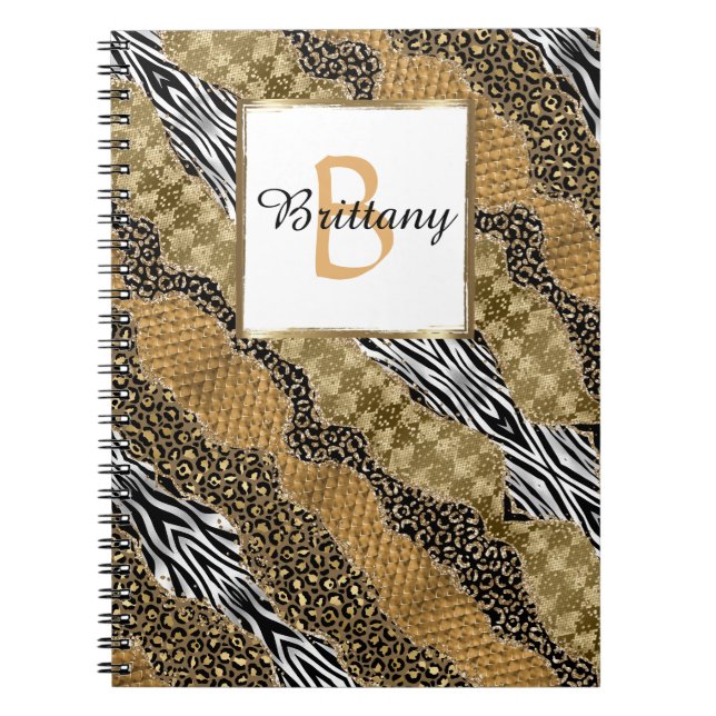 Chic Monogram Leopard Safari Guld Glitter Anteckningsbok (Framsidan)