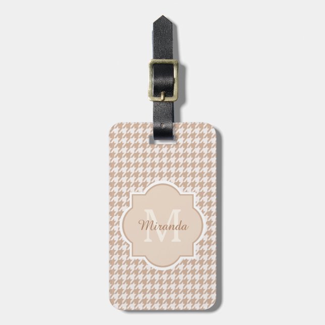 Chic Monogram Light Brown Houndstooth med Namn Bagagebricka (Vertikal Framsida)
