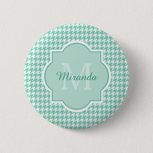 Chic Monogram Mint Grönt Houndstooth med Namn Knapp (Framsida)
