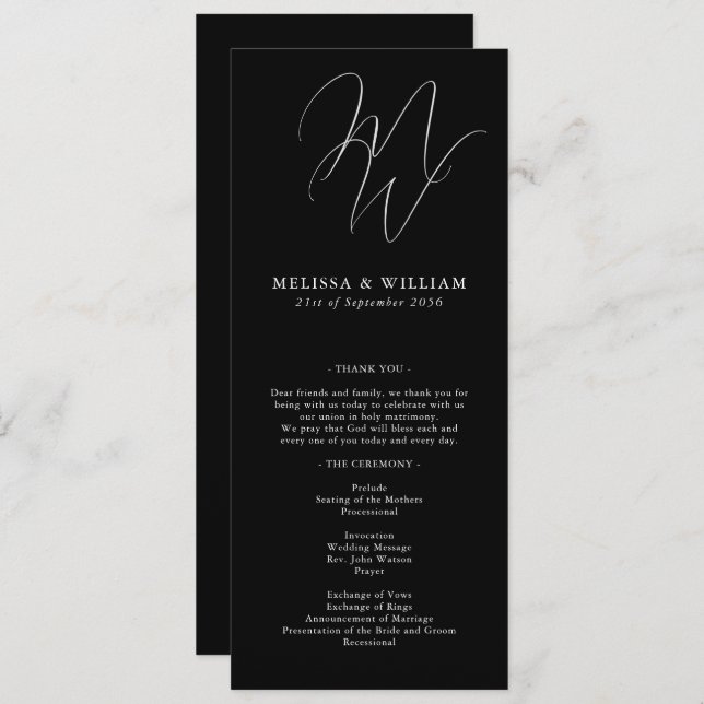 Chic Monogram Modern Black & White Bröllop Program (Fram/baksida)