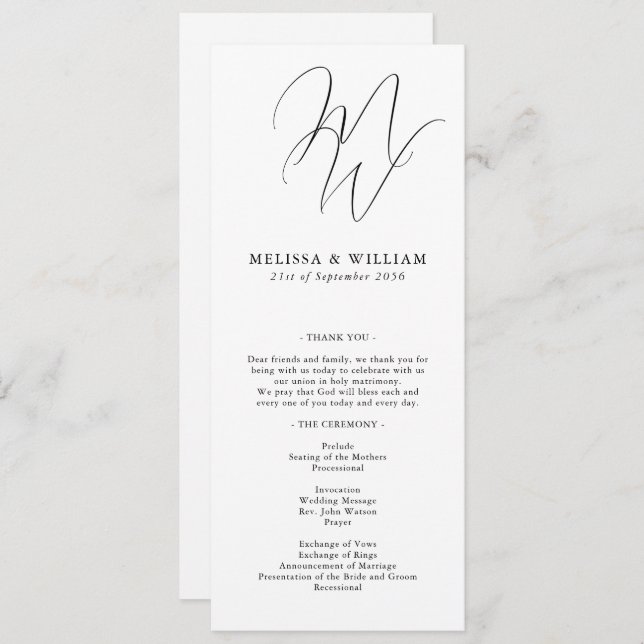 Chic Monogram Modern Initialer White Bröllop Program (Fram/baksida)